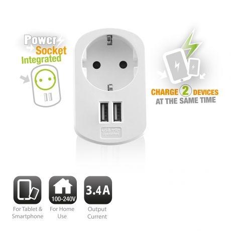 Carregador de Tomada 17W 2-USB-A Fast Charge 3.4A Sem Cabo