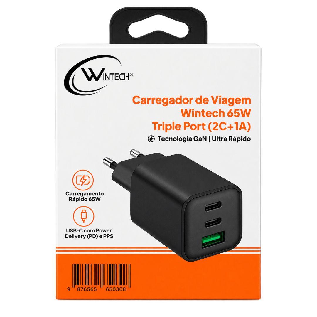 Carregador de Tomada 65W EU 2 USB-C + 1 USB-A Sem Cabo Preto
