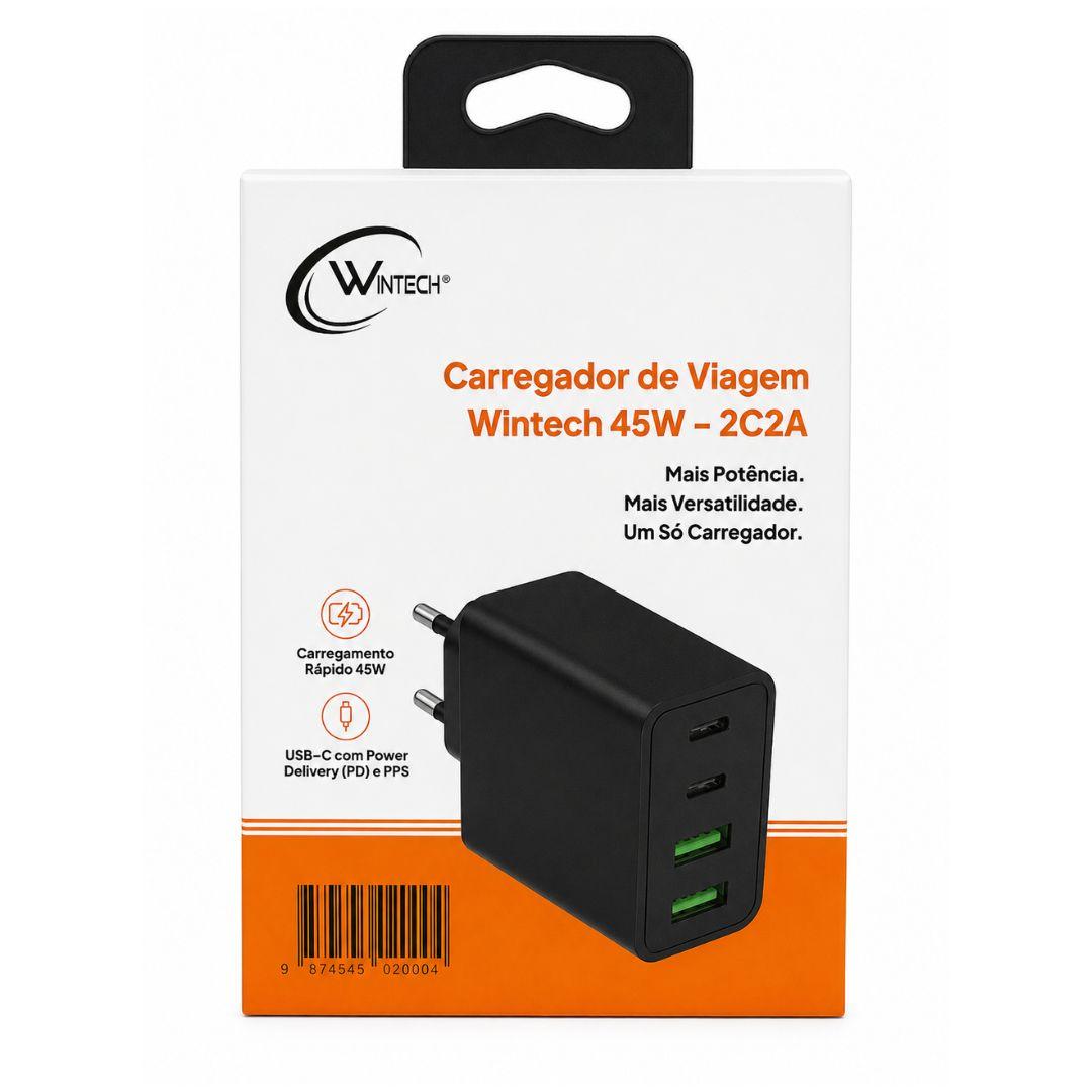 Carregador de Tomada 45W EU 2 USB-C + 2 USB-A Sem Cabo Preto
