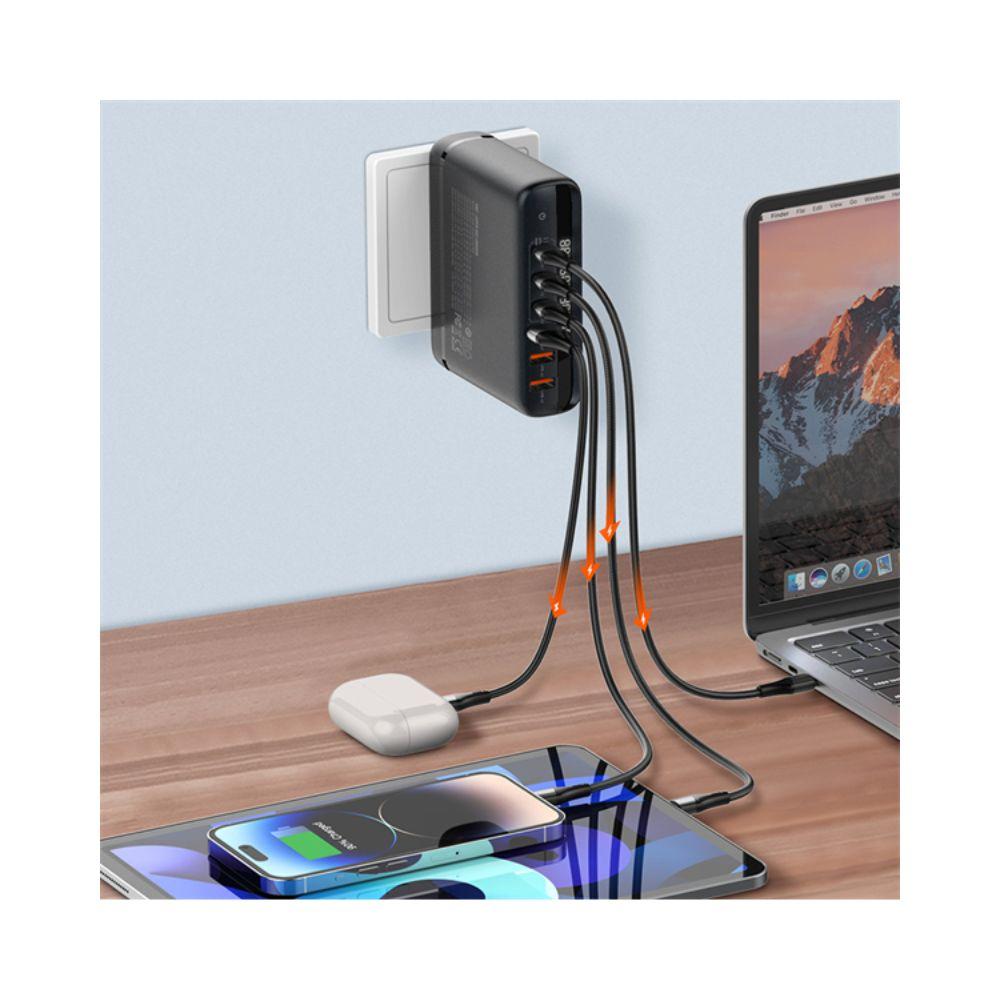 Carregador Tomada De 140W EU/US/UK Com 3USB-A | C/Cabo USB-C Para USB-C Preto