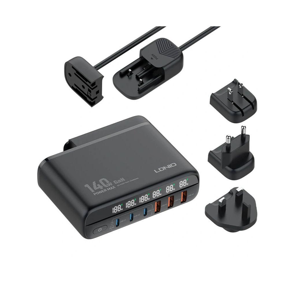 Carregador Tomada De 140W EU/US/UK Com 3USB-A | C/Cabo USB-C Para USB-C Preto