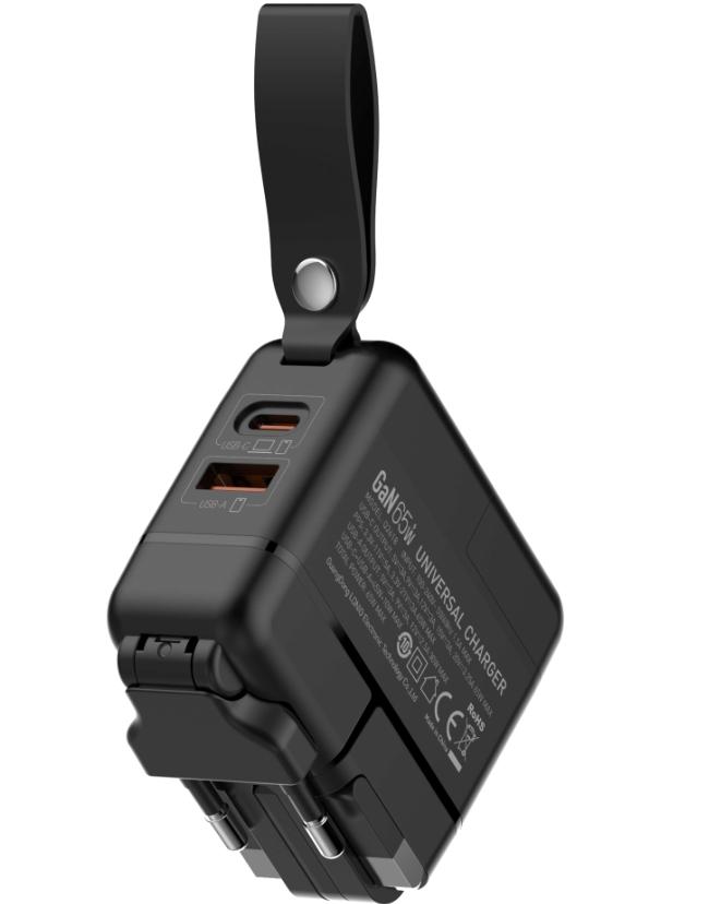 Carregador de Tomada 65W EU/UK 2USB-C + 1USB-A Com Cabo USB-C Para USB-C 1M Carregamento Rápido PD/QC Preto
