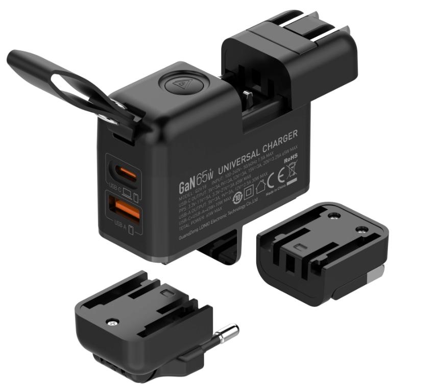 Carregador de Tomada 65W EU/UK 2USB-C + 1USB-A Com Cabo USB-C Para USB-C 1M Carregamento Rápido PD/QC Preto